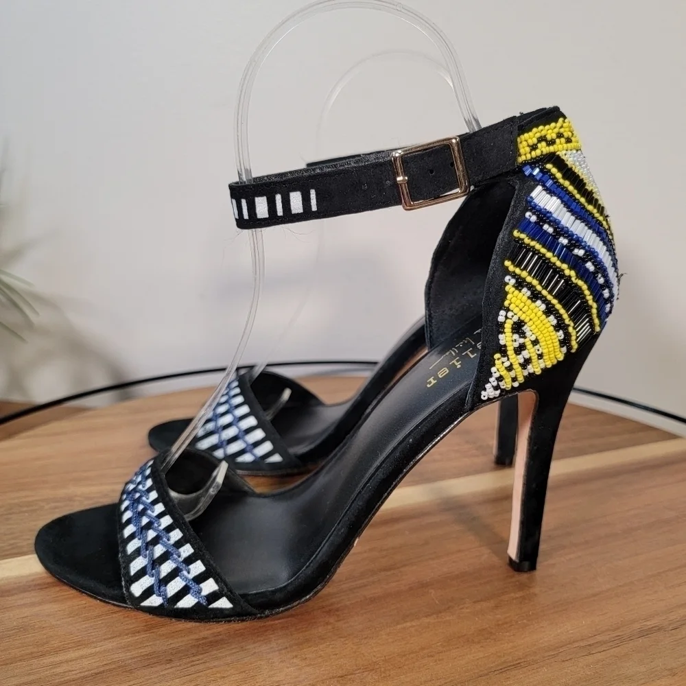 Nicole Miller Beaded Heels Multi Color Seed Bead Black Leather Stiletto Size 7.5